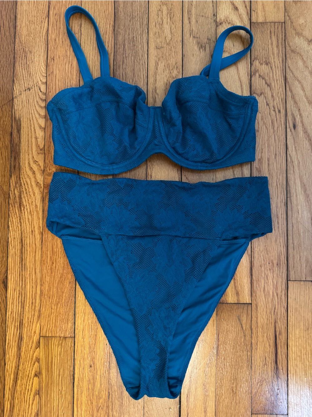 aerie Teal Lace-Texture Bikini Set